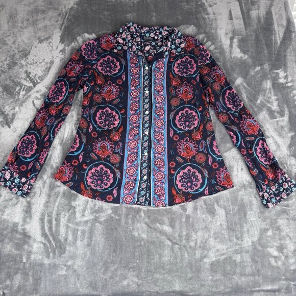 Lucky Brand Womens Top Large Joan Shirt Button Long Sleeve Boho Floral Batik - Picture 1 of 9